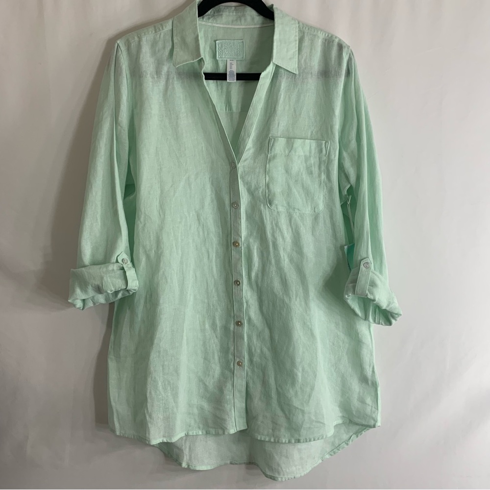 NWT Sigrid Olsen Mint Green Linen Button-Up Tunic Coastal Breathable, Size M